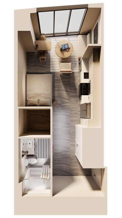 a 3d rendering of a bedroom with a bathroom and a living room
